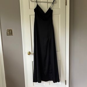 Black formal prom dress, slight scoop neck.
